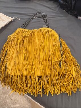 Stella McCartney Mustard Yellow Fringe Tote with Chain Strap